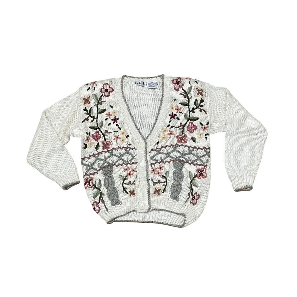 bydesign VTG Cottage Floral Embroidered Chunky Knit Cardigan Sweater Cream Small